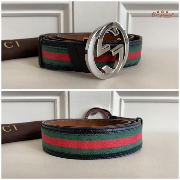 Authentic Gucci Web Green/Red Canvas Silver Interlocking G Buckle Belt 100/40 - Picture 3 of 13